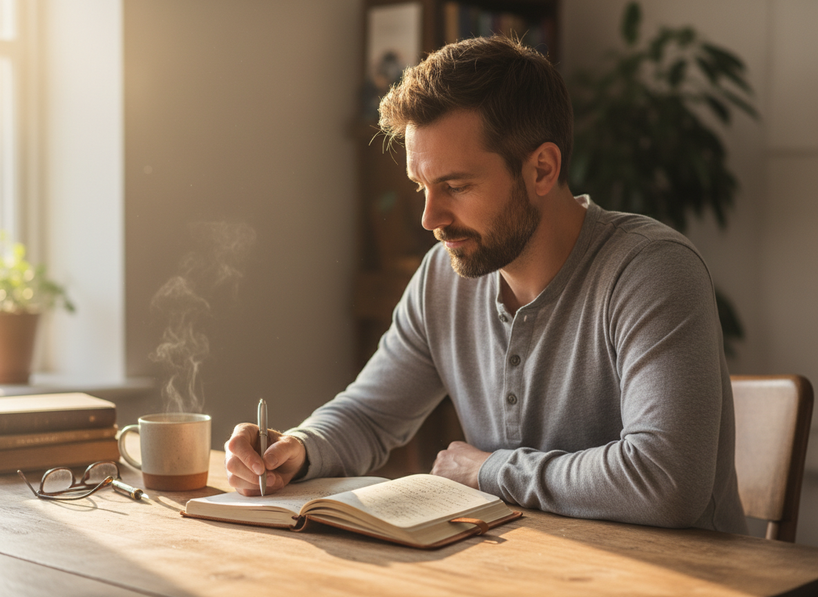 A dad writing in a journal, representing daily reflections and real talk