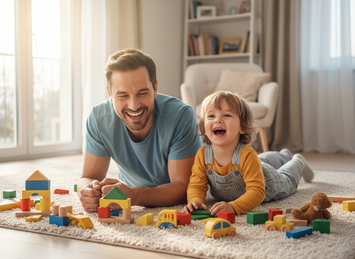 A dad and child laughing together on the floor, representing parenting tips from real experience